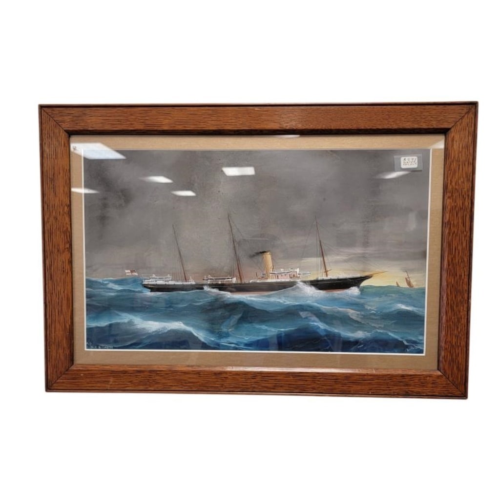 NAUTICAL GOUACHE PAINTING ON PAPER, HMS SURPRISE: Vintage maritime / nautical gouache painting on paper, depicting a ship at sea. Titled "HMS Surprise" lower left. Signed illegibly lower right. Frame measures a total of 14.25" tall x 20.9" wide.