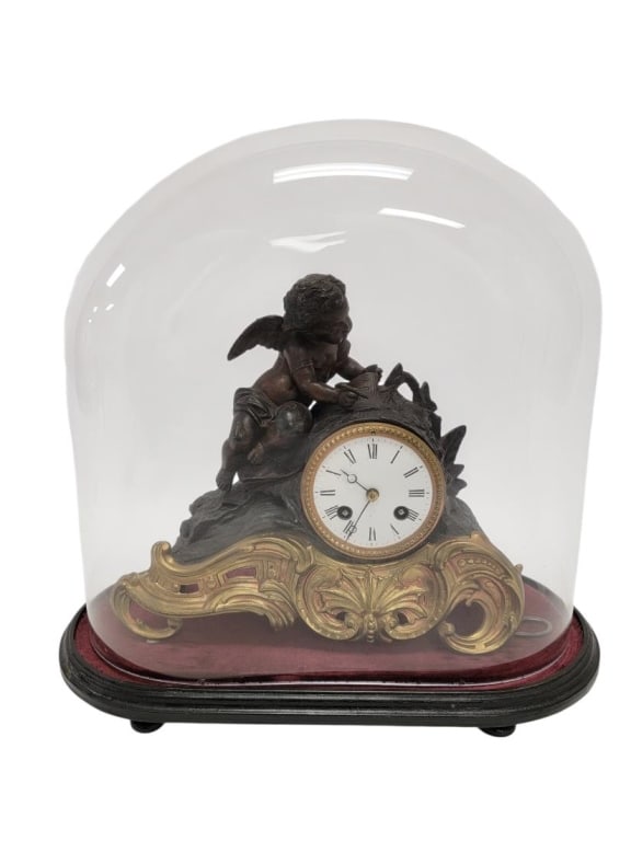 ANTQ LOUIS XVI STYLE CHERUB MANTEL CLOCK W/ CLOCHE (1 of 7)