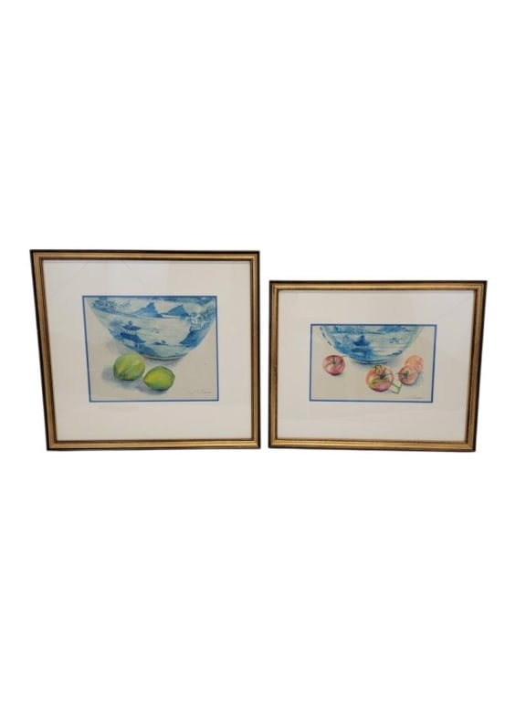 TWO JOANNE CESTARO TURNER OIL ON PAPER PAINTINGS: Two Joanne Cestaro Turner still life oil on paper paintings, one depicting a Chinese blue and white porcelain bowl with tomatoes in the foreground, and the other a Chinese blue and white bowl with lim