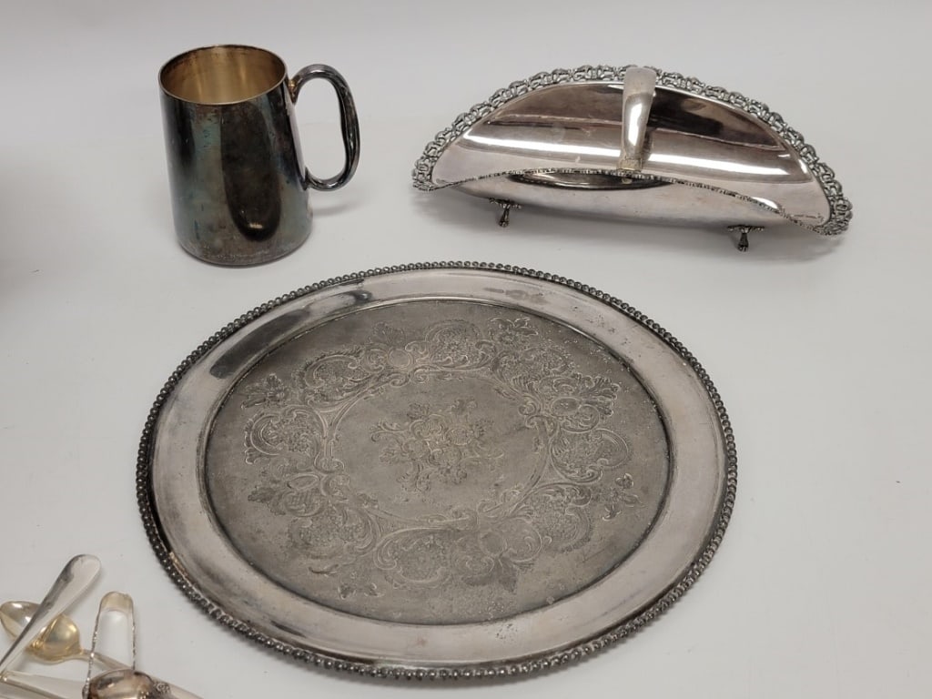 ASSORTED ESTATE SILVER PLATED UTENSILS & TABLEWARE - 11