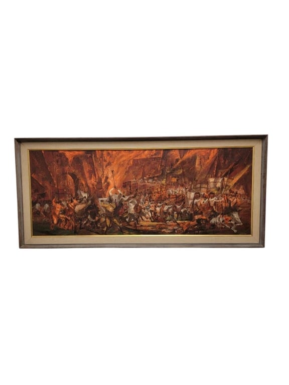 JOHN POTTER WHEAT OIL ON CANVAS PAINTING MUSICIANS: John Potter Wheat oil tempera on canvas painting, titled on label verso "The Musicians". Signed "J Wheat" lower right. Framed in an antique finish wood frame measuring 24.75" tall x 54.75" long and ab