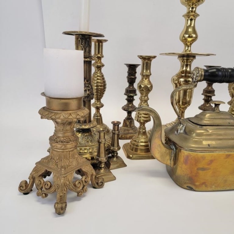 LARGE LOT ASSORTED BRASSWARE, CANDLESTICKS, ETC. - 6
