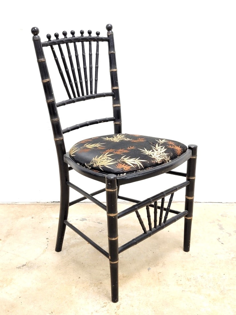 ANTIQUE AESTHETIC PRD BAMBOO STYLE CHINOISERIE SIDE CHAIR: Antique Aesthetic period early 20th century bamboo style Chinoiserie side chair or boudoir / vanity chair with black and gold tone bamboo pattern upholstery. Chair measures a total of 32.5" tall x