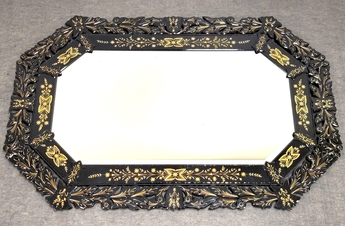 IMPRESSIVE ITALIAN VENETIAN BLACK & GOLD ENGRAVED GLASS MIRROR (1 of 17)