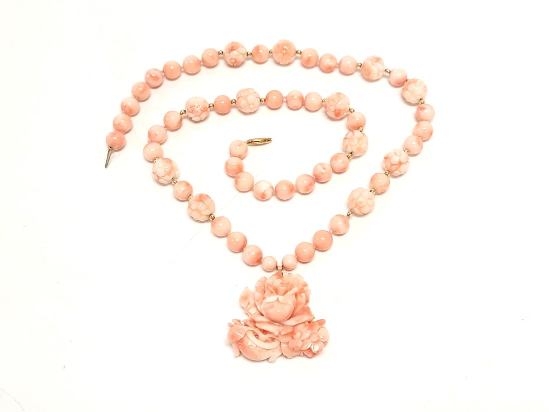 CHINESE CARVED CORAL & 14k GOLD NECKLACE W PENDANT (1 of 11)