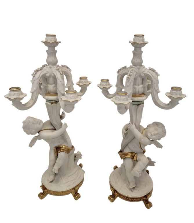 PAIR BISQUE PORCELAIN CHERUB CANDELABRA (1 of 9)