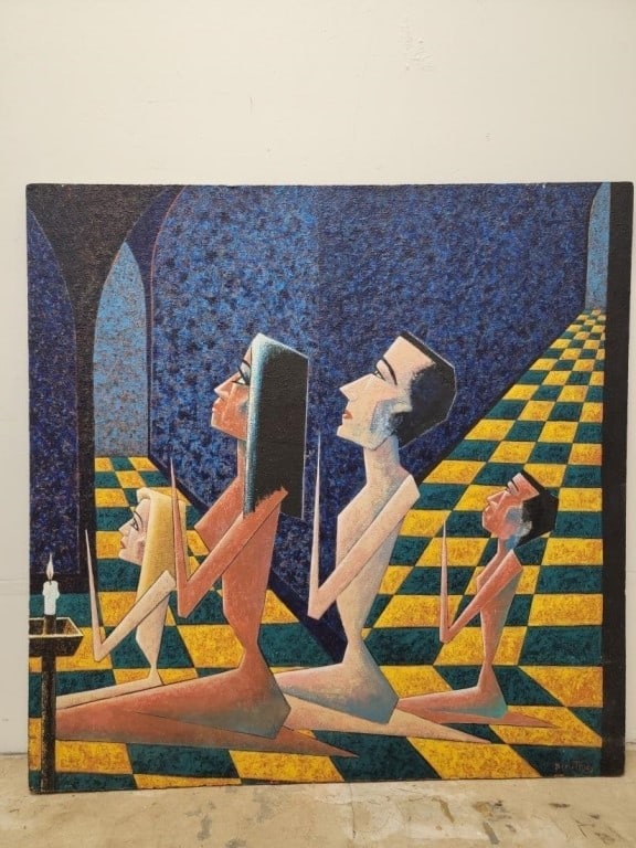 DEMETRIOS JAMESON MODERN OIL ON MASONITE PAINTING: Demetrios Jameson (American, 1919-1996) modern oil on masonite board painting. Untitled. Signed lower right "Demetrios". Subject: four figures in a praying posture with lit candle to the left.