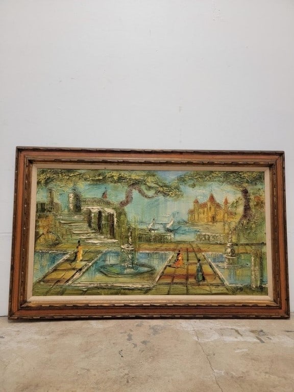 VAN HOOPLE OIL ON BOARD PAINTING: Van Hoople oil on board painting. Subject: garden coirtyard with harbor and castle in the distance. Signed lower right. Frame measures a total of 32" tall x 51.75" wide. Weight: 13 lbs.