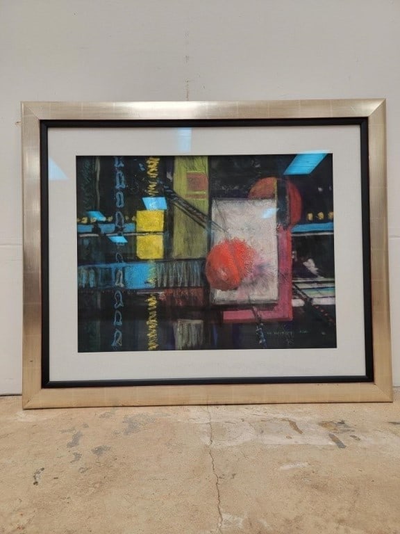 WILLIAM WARD MOSELEY PASTEL PAINTING ON PAPER: William Ward Moseley abstract pastel painting on paper. Titled on card affixed verso "Hot Times". Framed and ready to hang. Frame measures a total of 29.5" tall x 35.5" wide. Visible image measures