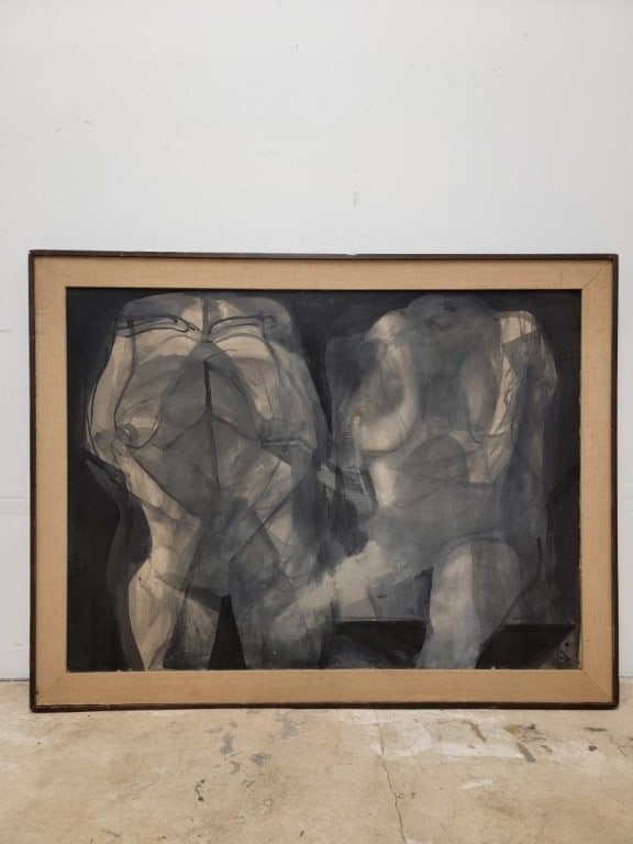 RICO LEBRUN WATERCOLOR PAINTING ON PAPER: Rico Lebrun watercolor painting on paper, depicting two abstract figures. Signed and dated lower right Lebrun 59. Frame measures a total of 35.25" tall x 45.25" wide and sight (visible image) measures