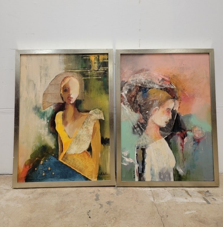 TWO NELLY DEL RIO MIXED MEDIA PAINTINGS ON CANVAS: Lot of two mixed media paintings by Cartagena, Columbia artist, Nelly Del Rio, who exhibits at the Museo del Arte Moderno Cartagena. Both paintings depict young women with a combination of acrylic