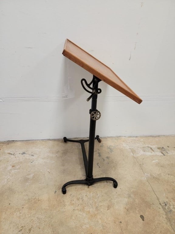 ANTIQUE ADJUSTABLE WOOD & IRON DRAFTING TABLE - 8