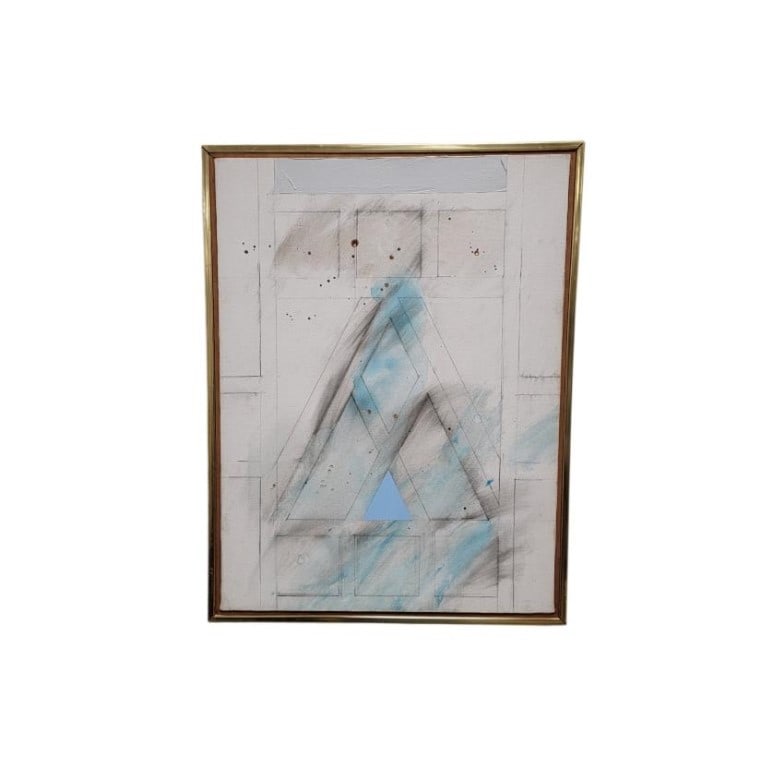 ROY SLADE OIL ON CANVAS MODERN ABSTRACT PAINTING: Roy Slade oil on canvas modern abstract painting, framed measuring a total of 25.25" tall x 19.5" wide. Signed, titled, and dated verso "Bower Roy Slade '81". Condition: minor wear and age to frame ,