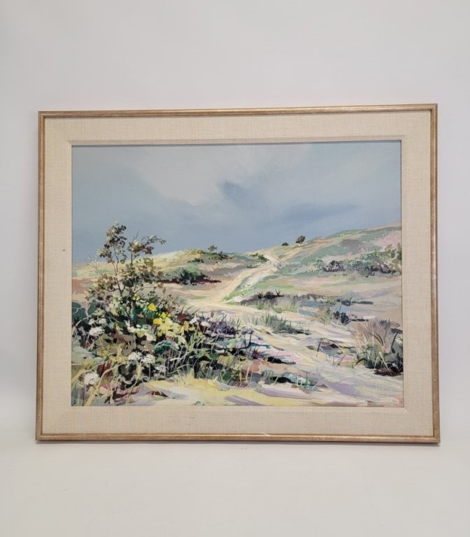 JACQUELINE PENNEY ACRYLIC ON CANVAS PAINTING: Jacqueline Penney acrylic on canvas painting depicting a hilly landscape. Signed lower right. Framed measuring a total of 30" tall x 35.75" wide. Condition: a few small paint marks to frame and