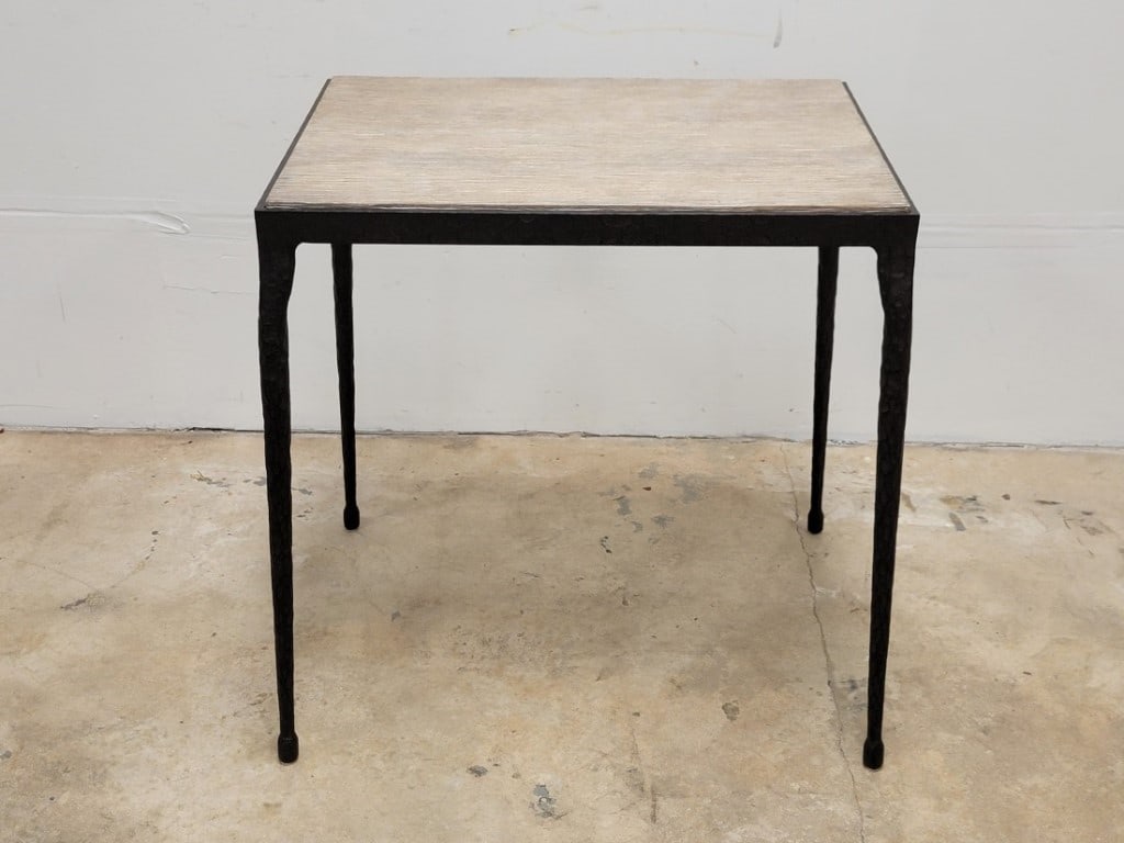GREGORIUS PINEO HAND FORGED IRON ELGIN END TABLE: Gregorius Pineo hand forged iron "Elgin End Table" with a hardwood plank top. Measures 28.5" tall x 29.5" wide and 22.5" deep. Unsigned. Condition: good, see images. Weight: 50 lbs.
