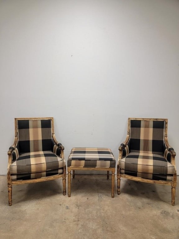 PR VINTAGE LOUIS XVI STYLE ARMCHAIRS & FOOTSTOOL: Pair of vintage Neoclassical / Louis XVI style armchairs & footstool. Black and gold tone silk upholstery with antiqued finish giltwood frames. Each chair measures 38.5" tall x 27.5" wide and 30" deep