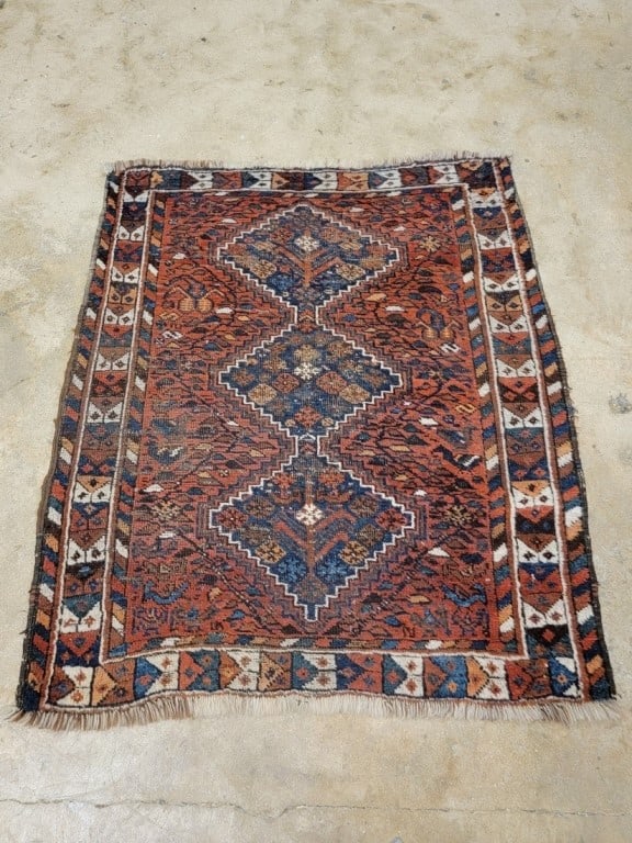 VINTAGE PERSIAN HAND KNOTTED WOOL RUG 3'8" X 4'4": Vintage Persian hand-knotted wool on wool rug measuring 3'8" x 4'4". Condition: heavy wear to pile with foundation showing through, wear to fringes and selvedges, see images. Weight: 6.5 lbs.