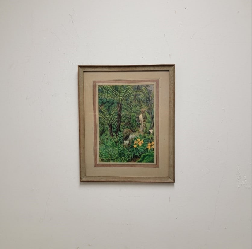 TWO H.E. SCHNAKENBERG WATERCOLOR PAINTINGS: Lot of two framed watercolor paintings on paper by Henry Ernest Schnakenberg. Includes one depicting a jungle scene, titled verso "Estufa Fria, Lisbon", framed measuring 21.5" tall x 17.5" wide. Secon