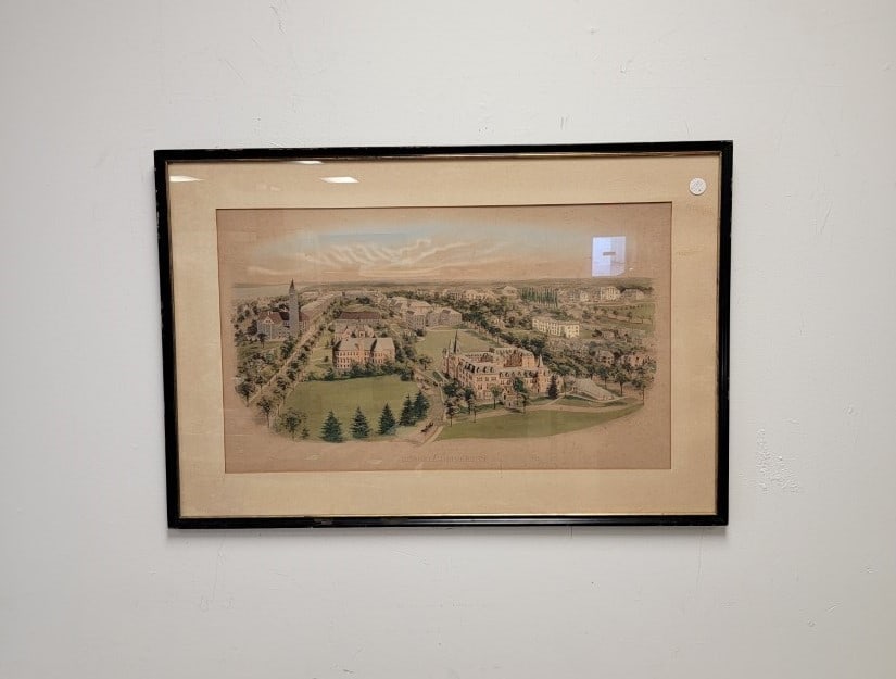 1906 RICHARD RUMMELL VIEW OF CORNELL UNIVERSITY: Original 1906 Richard Rummell's View of Cornell University. Hand colored photographic lithograph. Framed measuring a total of 24.5" tall x 36" wide. (Sight) measures 17" x 29" wide. Condition: toning 