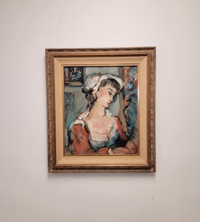 ETIENNE RET OIL ON CANVAS PAINTING, LA DENTELLIERE: Etienne Ret vintage oil on canvas painting, titled verso "La Dentelliere". Signed lower edge on the front. Framed measuring a total of 32.75" tall x 28.5" wide. Condition: minor signs of age and wear