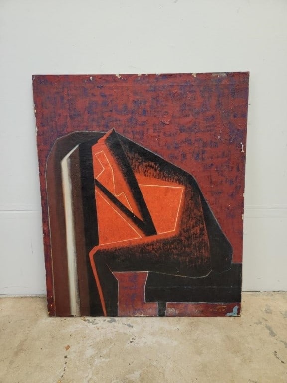DEMETRIOS JAMESON OIL ON CANVAS PAINTING, FIGURE: Demetrios Jameson oil on canvas painting depicting a figure bent over forward. Signed lower right. Measures a total of 36" tall x 30" wide. Condition: heavy flaking to paints along edges, some other