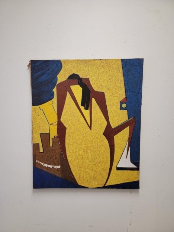 DEMETRIOS JAMESON OIL ON CANVAS PAINTING, DANCE: Demetrios Jameson oil on canvas painting. Subject: two figures in dance. Signed lower right, unframed measuring a total of 37.5" tall x 31.25" wide. Condition: a few small spots of paint flaking off,