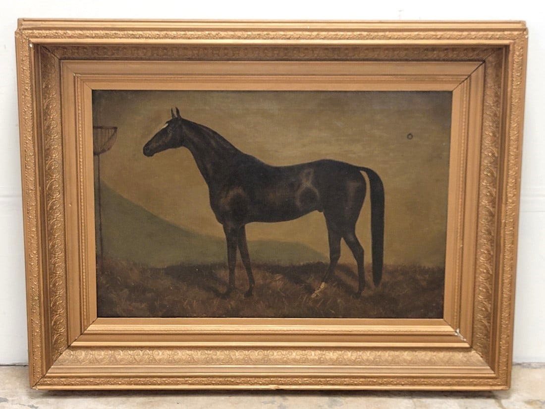 ANTIQUE AMERICAN EQUESTRIAN OIL ON CANVAS PAINTING: Antique 19th century American oil on canvas equestrian painting. Subject: standing horse. No apparent signature. Measures (stretcher) 20" tall x 30" wide, and (frame) 30.5" tall x 40.75" wide and