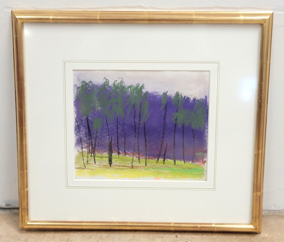 WOLF KAHN ORIGINAL PASTEL DRAWING FOREST LANDSCAPE: Wolf Kahn original pastel drawing / painting on paper. Subject: expressionist forest landscape. Signed lower mid right in orange "W. Kahn". Measures (sight) 7.75" tall x 9.5" wide, and (frame) 15.75" 