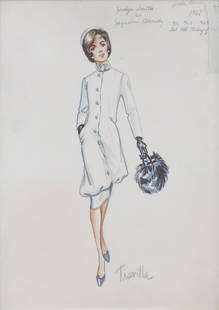 TRAVILLA COSTUME DESIGN SKETCH FOR JACLYN SMITH: A mixed media on board costume sketch for the made-for-television movie Jacqueline Bouvier Kennedy (ABC, 1981). The sketch of a white coat dress with black fur muff is marked in pencil at the upper ri