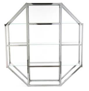 OCTAGONAL CHROME AND GLASS DISPLAY STAND: In a modern geometric style. 72 by 67 by 13 1/2 inches Categories: Tommy Hilfiger