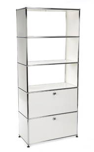 SET OF FOUR USM HALLER OFFICE CABINETS GROUP 1: Four modern chrome and white enameled metal cabinets from the Dee Ocleppo Handbag showroom in New York City. Each, 70 1/4 by 30 by 15 inches Categories: Tommy Hilfiger