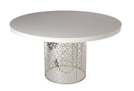 HOLLYWOOD REGENCY STYLE BREAKFAST TABLE: With a pierced chrome base and a white laminate circular top. Together with a chrome sunburst wall sculpture. Table, height 29 inches; Diameter, 54 inches Categories: Tommy Hilfiger