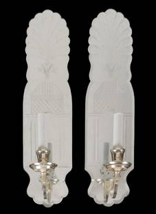 PAIR OF ETCHED MIRROR SCONCES: With scalloped edges and plantation style decoration. 20 1/2 by 5 1/2 inches Categories: Tommy Hilfiger