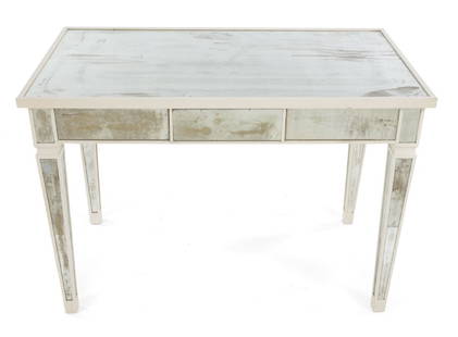 TWO MODERN TABLES: The first is rectangular with distressed mirrored glass, the second is round with casters and painted white with gold painted accents. Rectangular, 32 by 45 by 25 inches; Round, height 29 1/2