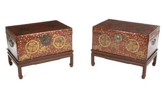 PAIR OF ASIAN LACQUER CHESTS ON STANDS: Red lacquer chests with gilt painted decoration on Asian hardwood stands. 22 1/2 by 28 1/2 by 19 1/2 inches Categories: Tommy Hilfiger