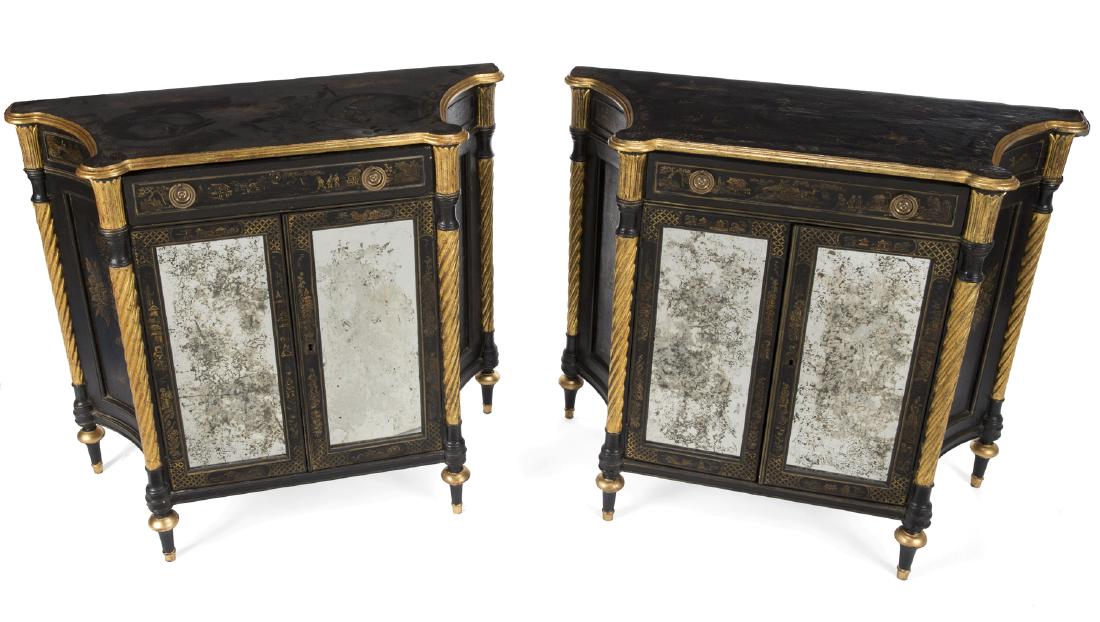 PAIR OF MODERN CHINOISERIE CABINETS: With ebonized and parcel gilt cases and hand painted gilt decoration. 34 by 40 by 20 inches Categories: Tommy Hilfiger