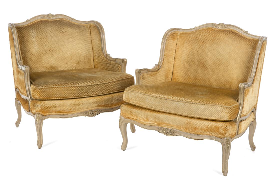 PAIR OF ROCOCO STYLE BERGERES: A pair of 20th century Duchesse bergeres in a quilted gold velour fabric. 37 1/2 by 32 by 21 inches Categories: Tommy Hilfiger