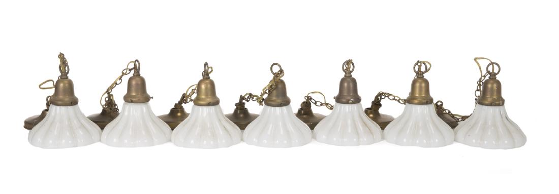 SEVEN BRASS AND MILK GLASS HANGING LIGHTS (1 of 2)