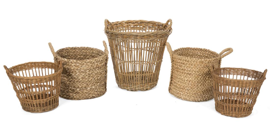 GROUP OF FIVE WOVEN BASKETS: Five large decorative baskets made of different sea grasses and reeds. Largest, height 29 inches, diameter, 30 inches Categories: Tommy Hilfiger