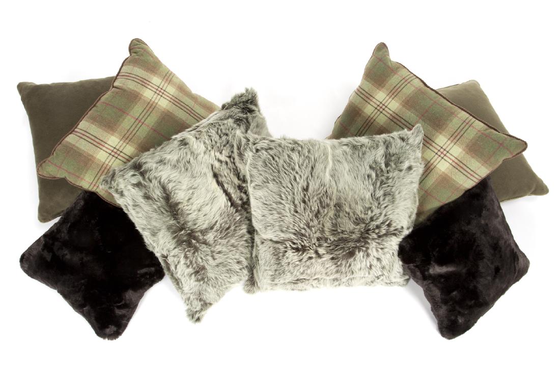 GROUP OF GREEN FUR AND PLAID PILLOWS (1 of 1)