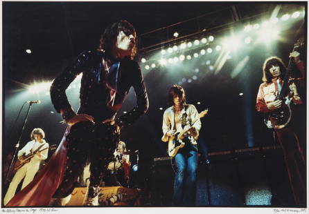 ETHAN RUSSELL (AMERICAN, B. 1945): Two black and white photographs, The Rolling Stones at Altamont, 1969, numbered 5/500 and The Rolling Stones on Stage, 1972 US Tour, numbered 3/500. Each signed Ethan Russell 1999 lower right. 