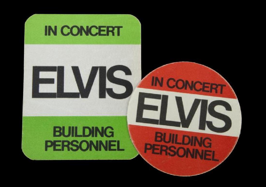 ELVIS PRESLEY SHOW PERSONNEL STICKERS: A pair of Elvis Presley In Concert Building Personnel stickers from the collection of Felton Jarvis. One of the cloth stickers is a rectangle shape with a green border; the other is round with a red b