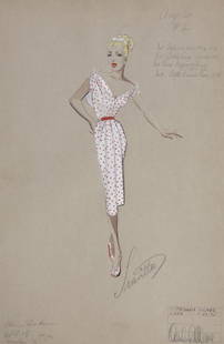 GLORIA DeHAVEN COSTUME SKETCH BY TRAVILLA: A mixed media on paper costume design sketch signed by Travilla. The costume was designed for Gloria DeHaven as Angela Toland in Down Among the Sheltering Palms (20th Century, 1953). A studio stamp in