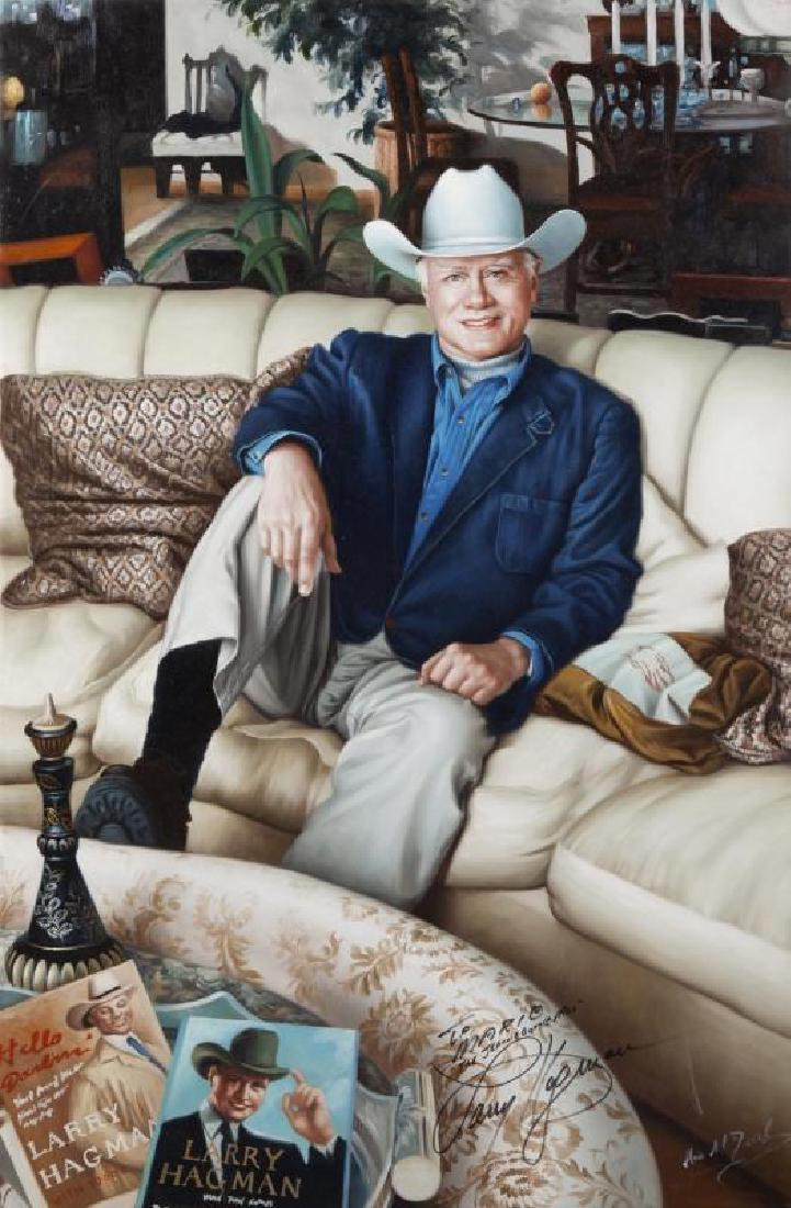 LARRY HAGMAN SIGNED PAINTING: Oil on canvas painting by Mario A.C. Della Casa of Larry Hagman circa 2007. Signed in the lower right corner by the artist and inscribed by Hagman "To Mario 'The Jeannie Bottle Man' Larry Hagman." Del