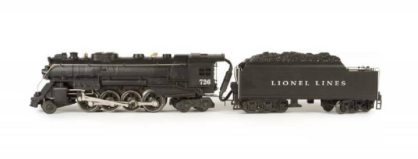 LIONEL 6-18053 CENTURY CLUB "726" BERKSHIRE LOCOMOTIVE: Locomotive has been run. Features Light, Smoke, RailSounds, Gold plated accents, and TMCC (TrainMaster Command Control). Boxed. The box is faded. Like New. PROVENANCE From the Collection of Neil