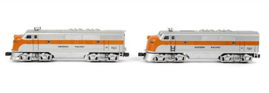 LIONEL 6-18191 WESTERN PACIFIC F-3 A-A DIESEL: Locomotives have been run. Powered A and Dummy A units. Features Lights, MagneTraction, TMCC (TrainMaster Command Control), and RailSounds. No boxes. Nose decal missing from both locomotives.