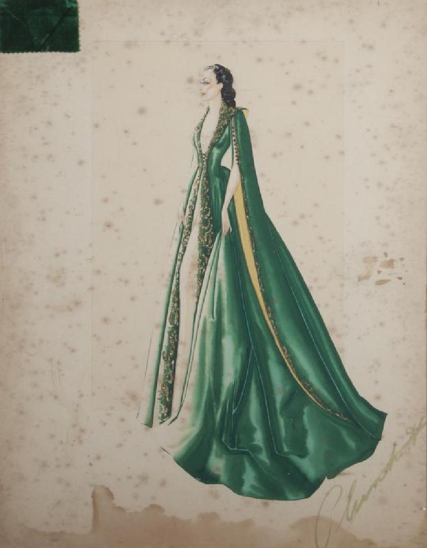 GONE WITH THE WIND COSTUME SKETCH: An original costume sketch of the green dressing gown worn by Vivien Leigh as Scarlet O'Hara (Butler) in the film; Gone With The Wind; (Selznick, 1939). Executed in watercolor by costume designer Walt