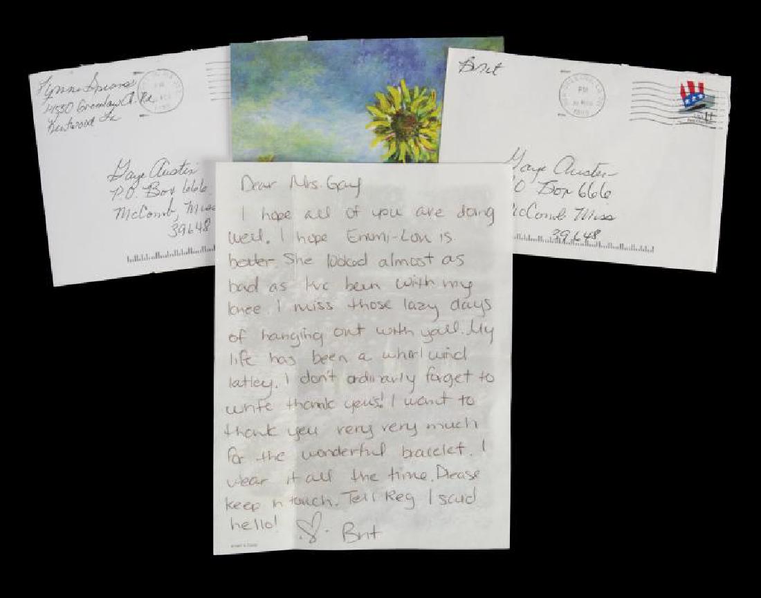 BRITNEY SPEARS HANDWRITTEN LETTER: Request condition report! A handwritten letter on a single sheet of paper from Britney Spears to May Austin, Reg Jones' mother, and a handwritten letter from Lynne Spears, Britney's mother, to Austin.