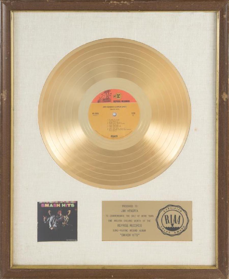 JIMI HENDRIX WHITE MATTE RECORD AWARD: Request condition report! An RIAA-certified "gold" record award, white linen matte, presented to Jimi Hendrix to commemorate the sale of more than $1 million worth of the Reprise Records long-playing