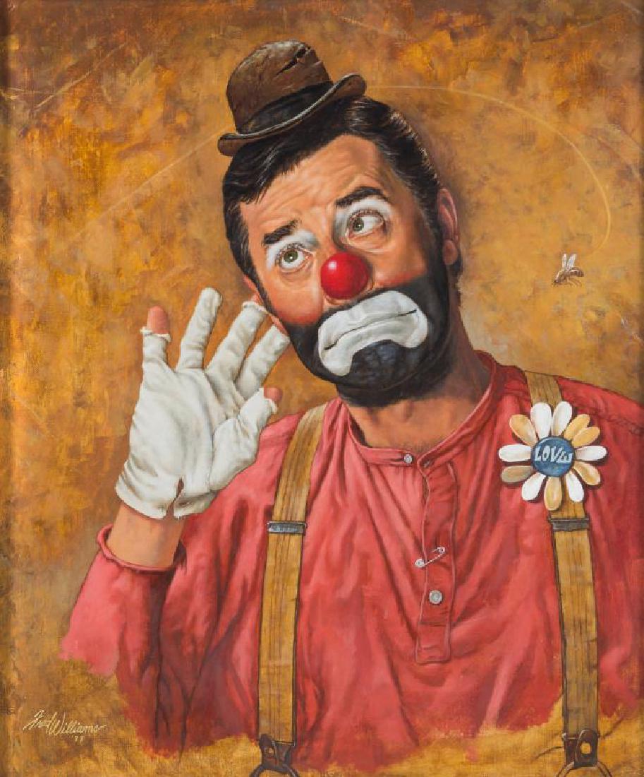 FRED WILLIAMS (AMERICAN, 1922-1990): Portrait of Jerry Lewis as a clown, an oil on canvasboard half-length portrait, signed and dated "Fred Williams '77" lower right. 30 by 25 3/4 inches PROVENANCE From the Estate of Jerry Lewis Jerry Le